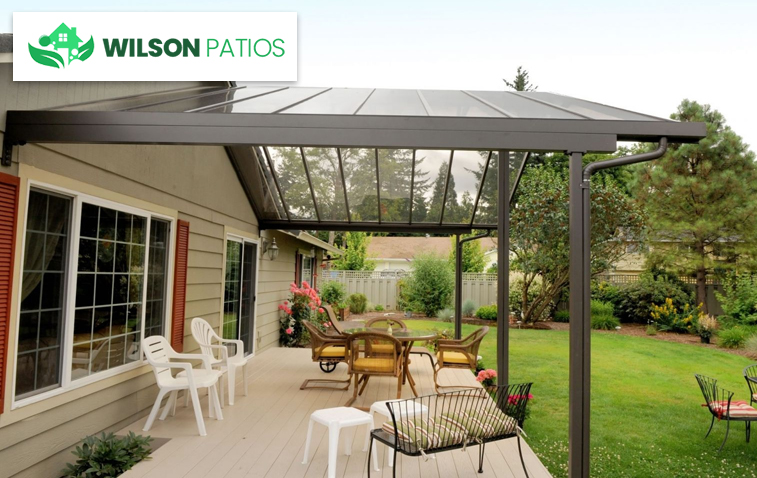 Modern metal patio cover providing shade and durability.