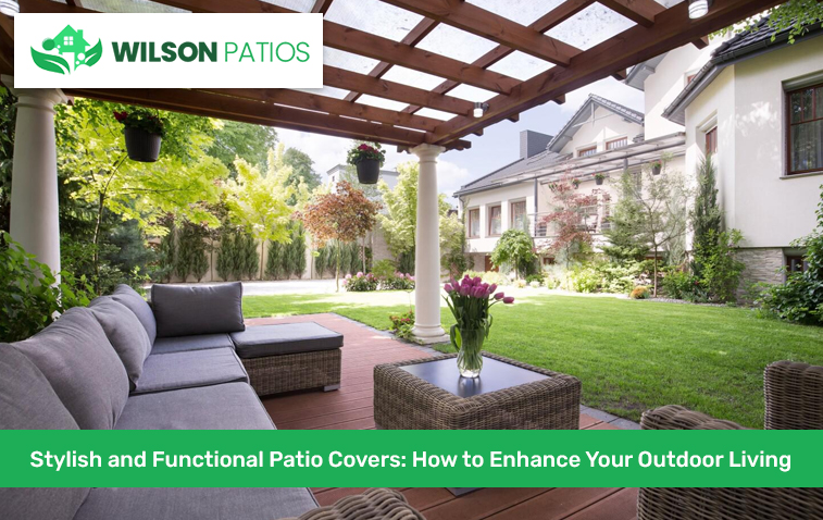 Wooden patio cover adding rustic charm to an outdoor space.